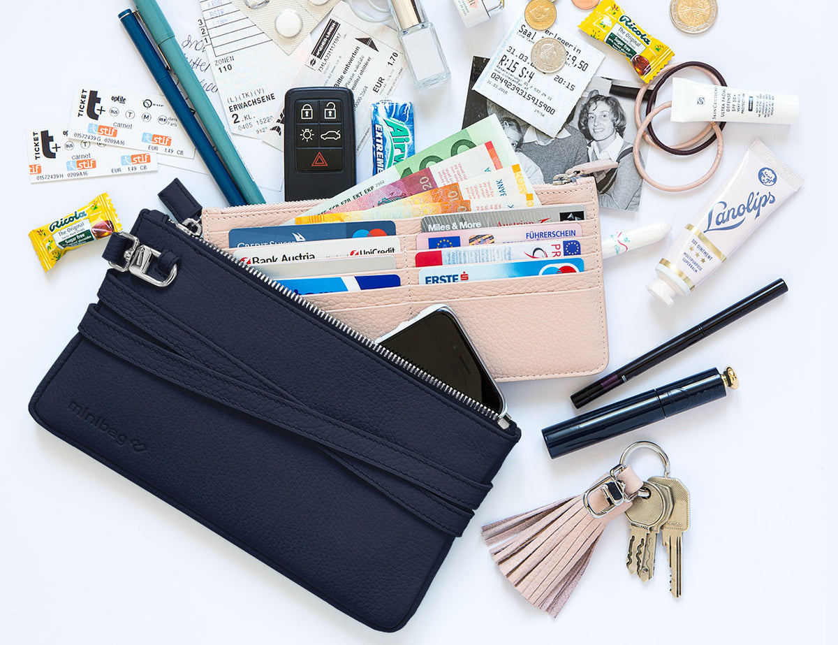 minibag navy, Ledertasche dunkelblau, Clutch dunkelblau, minibag wallet nude, Quaste nude, minibag