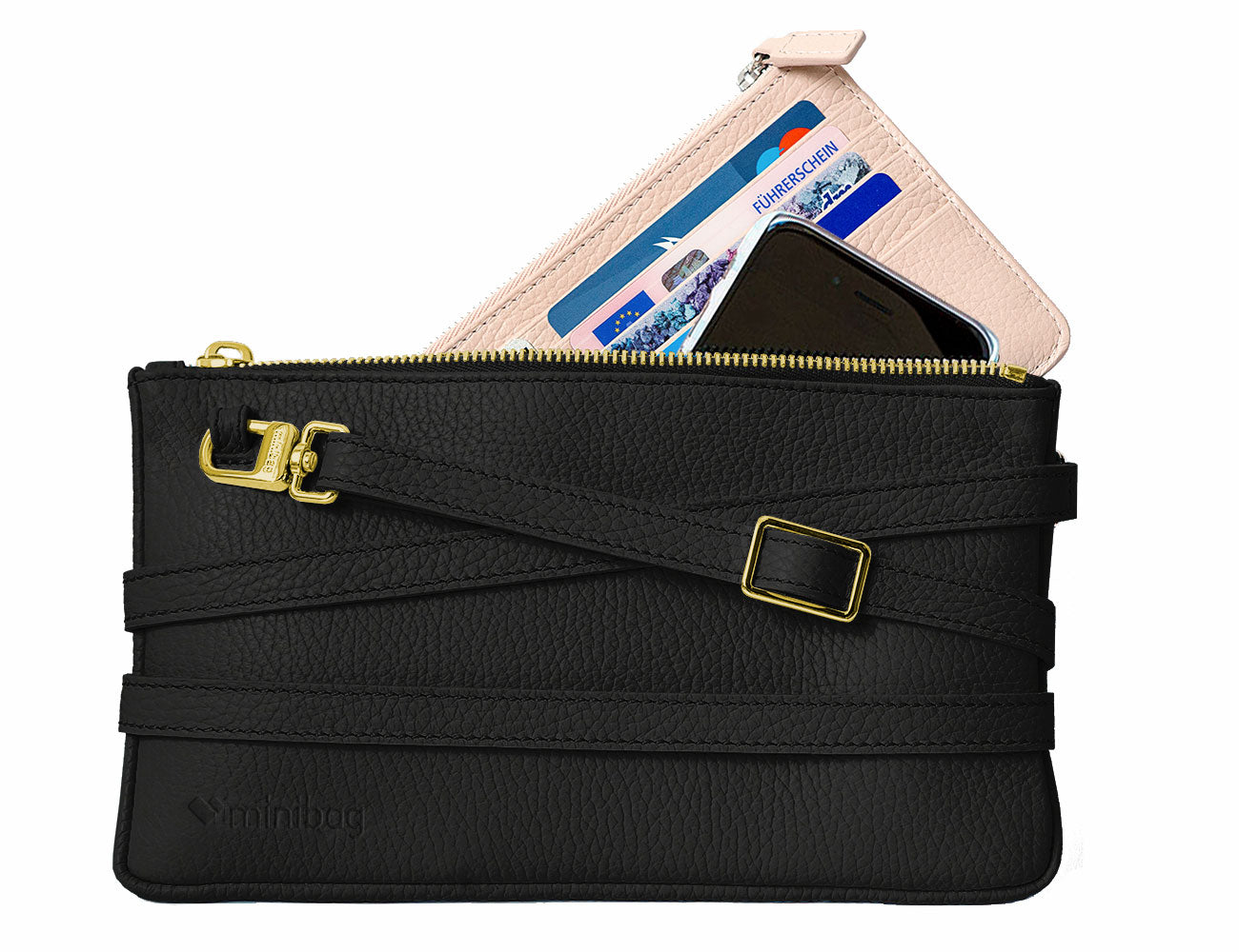 minibag black Edition GOLD, schwarze Ledertasche, minibag Wallet nude, goldener Zip, minibag schwarz, kleine schwarze Tasche zum Umhängen, Handytasche zum Umhängen, Handytasche mit Geldbörse