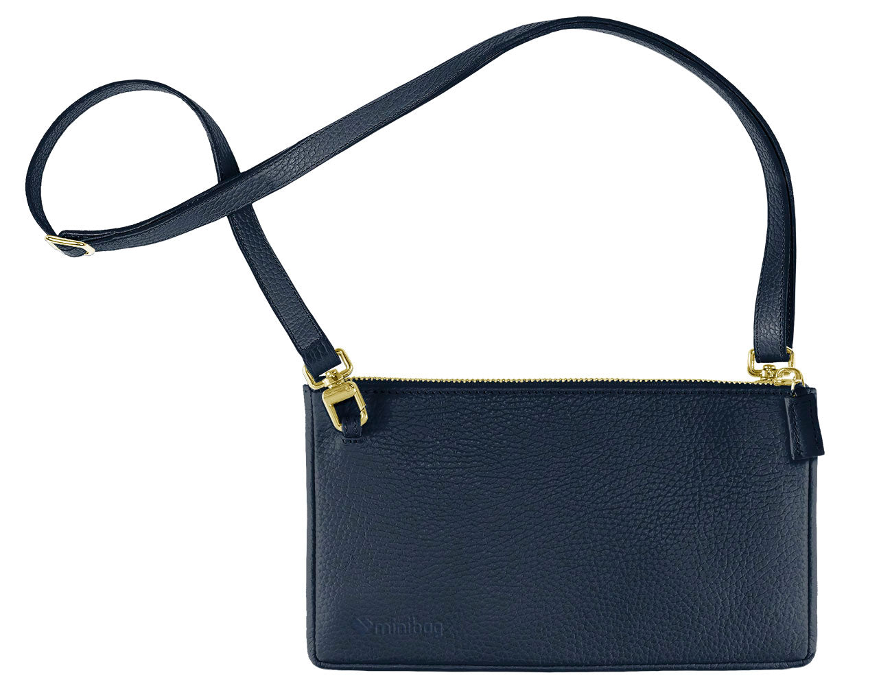 blaue mini bag aus leder mit goldenen Beschlägen kaufen, minitasche navy mit goldenem Karabiner, mini tasche navy mit gold, handytasche aus leder mit gold