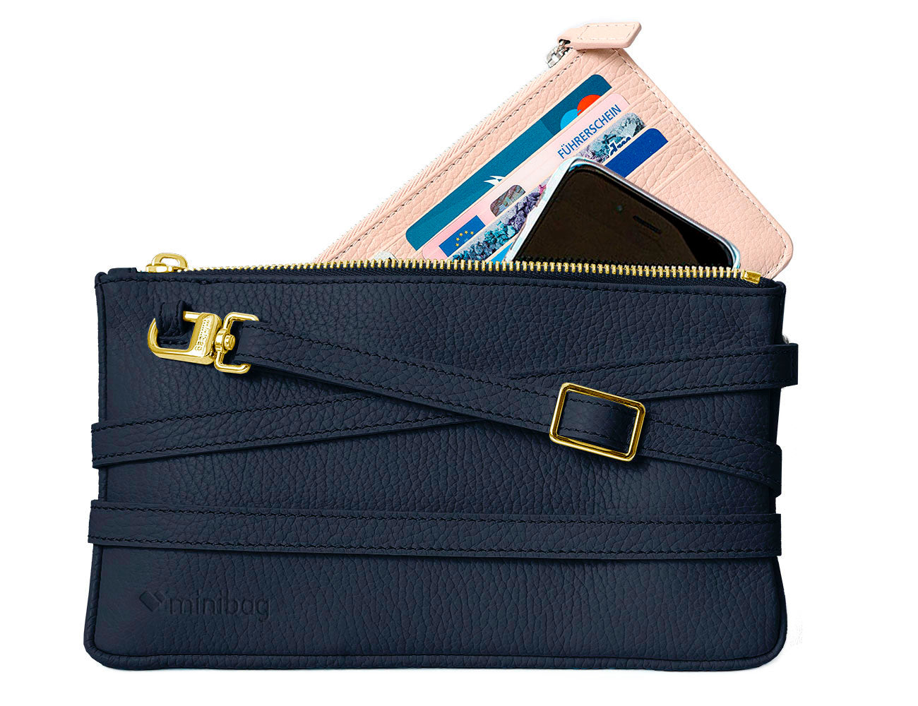 blaue mini bag aus leder mit goldenen Beschlägen kaufen, minitasche navy mit goldenem Karabiner, mini tasche navy mit gold, handytasche aus leder mit gold, blaue Handytasche zum Umhängen, Geldtasche zum Umhängen navy