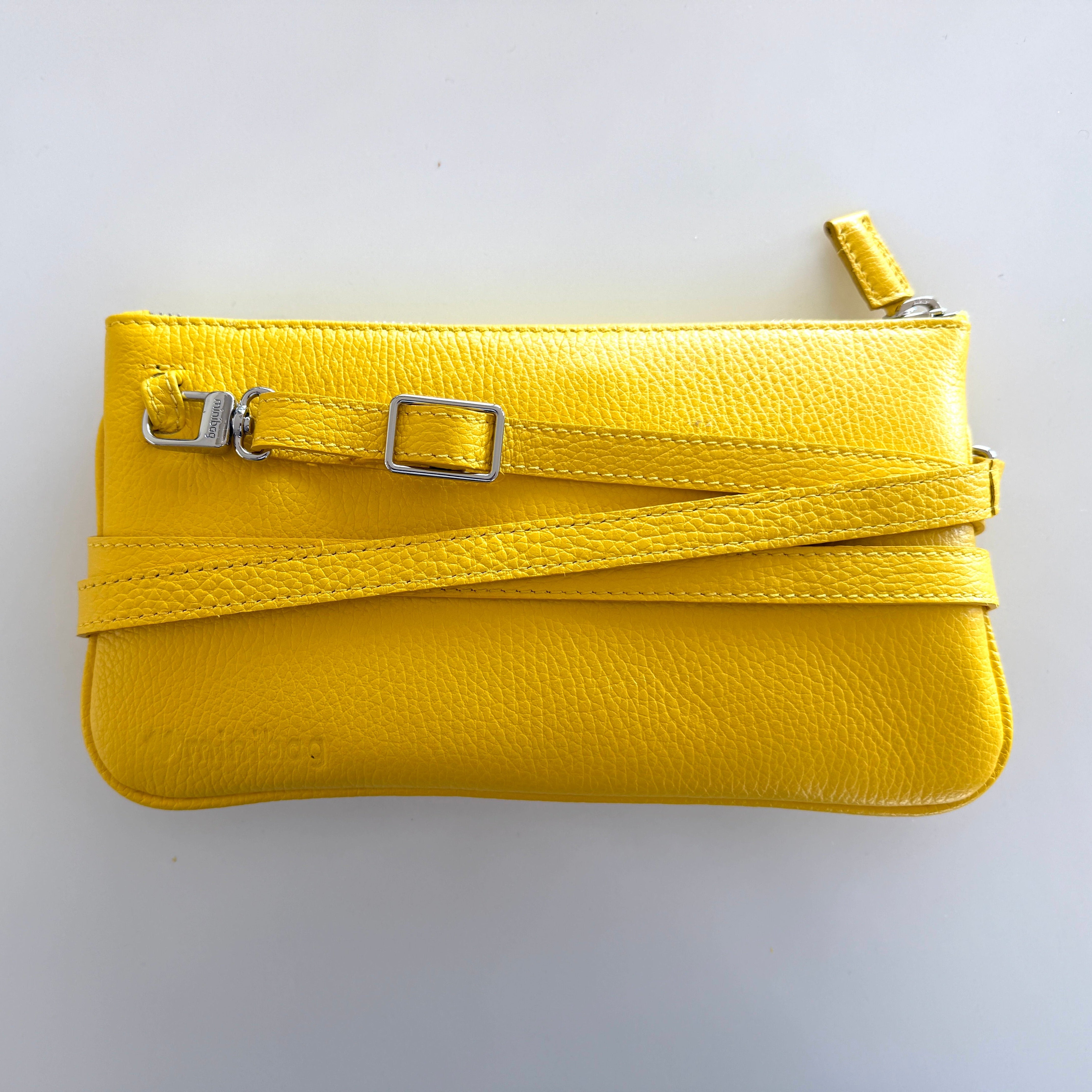 minibag in gelb, minibag in zitrusgelb, kleine gelbe tasche, kleine gelbe Tasche aus Leder