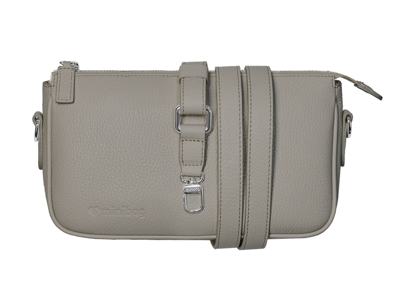 minibag Ledertasche Clutch Kate in der Farbe taupe mit herumgewickeltem Gurt von vorne