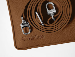 minibag cognac, minibag Ledergurt, Prägung minibag Logo, braune Ledertasche, Geldtasche zum Umhängen