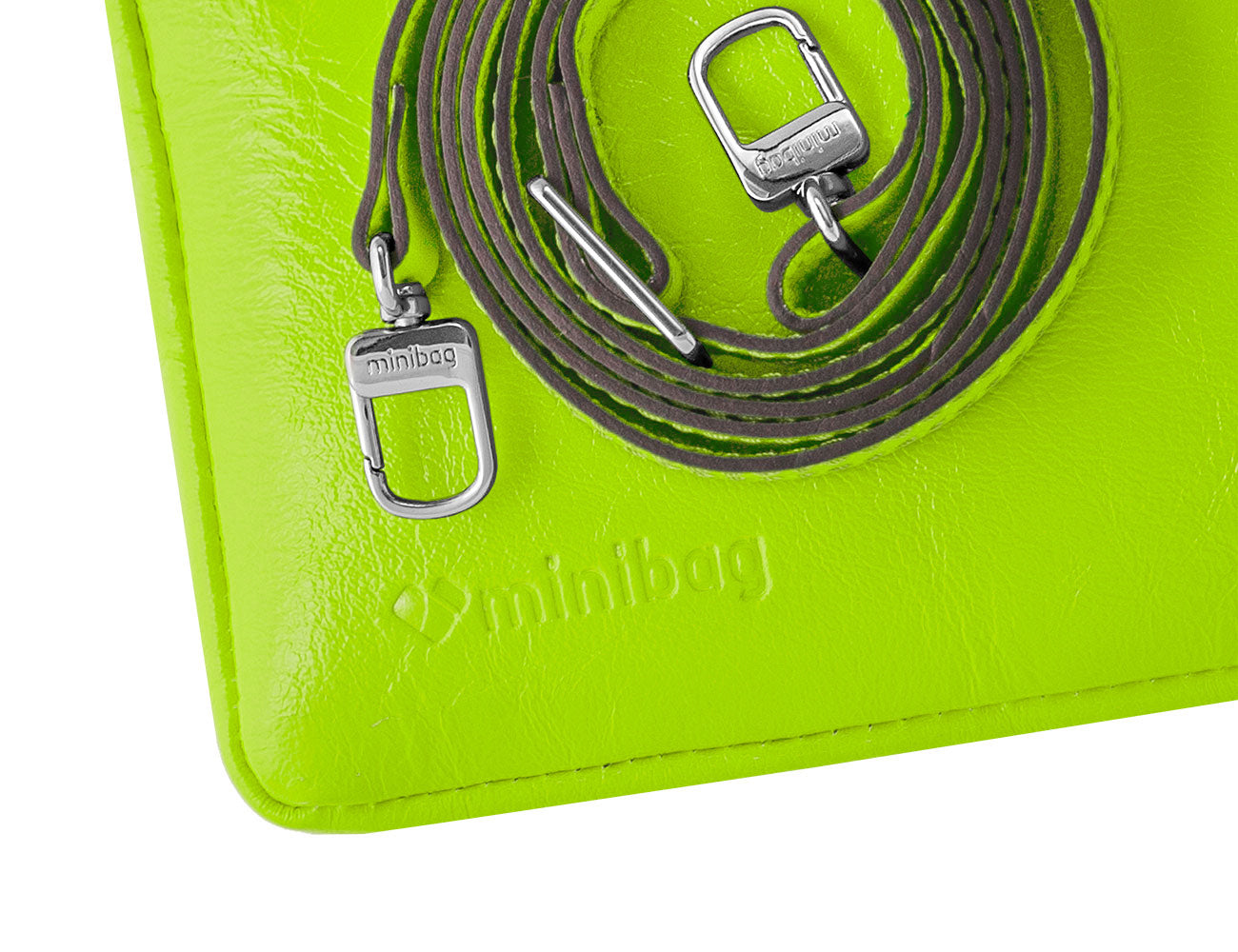 minibag neon yellow, Ledertasche neon gelb, Clutch neon gelb, Detailaufnahme minibag, Ledergurt neon