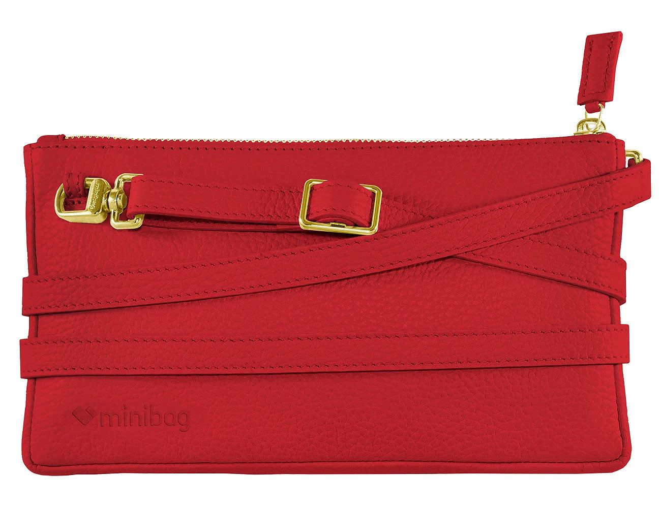 minibag red Edition GOLD, Ledertasche rot, Clutch rot, Vorderseite minibag, Geldtasche zum Umhängen