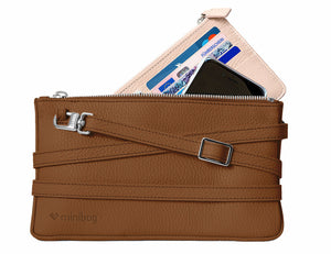 minibag cognac, minibag wallet nude, braune Ledertasche, Geldtasche zum Umhängen, minibag