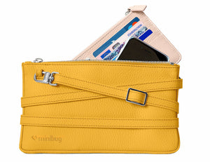minibag curry, gelbe Ledertasche, gelbe Clutch, minibag wallet nude, Geldtasche zum Umhängen