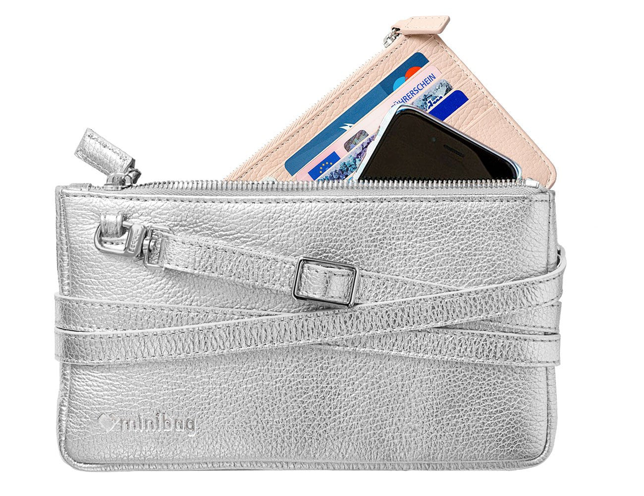 minibag metallic silver, Ledertasche silver, Clutch silver, minibag Wallet nude, Ledergurt silver