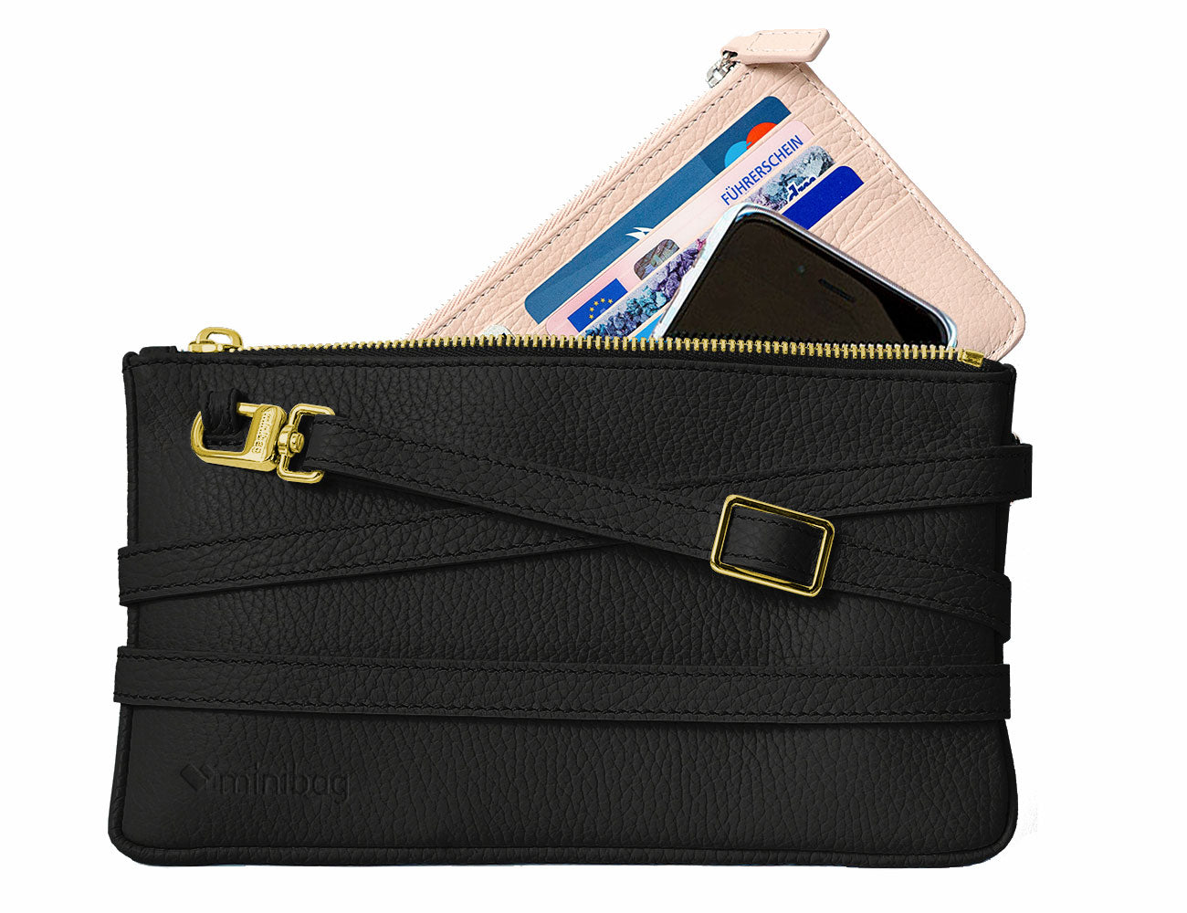 minibag black Edition GOLD, schwarze Ledertasche, minibag Wallet nude, goldener Zip, minibag schwarz