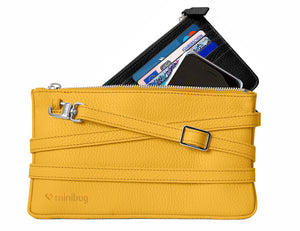 minibag curry, gelbe Ledertasche, gelbe Clutch, minibag Wallet schwarz, Geldtasche zum Umhängen