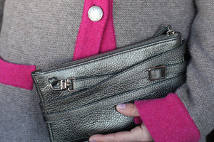 minibag metallic anthracite, Ledertasche metallic grau, Clutch grau, Geldtasche zum Umhängen